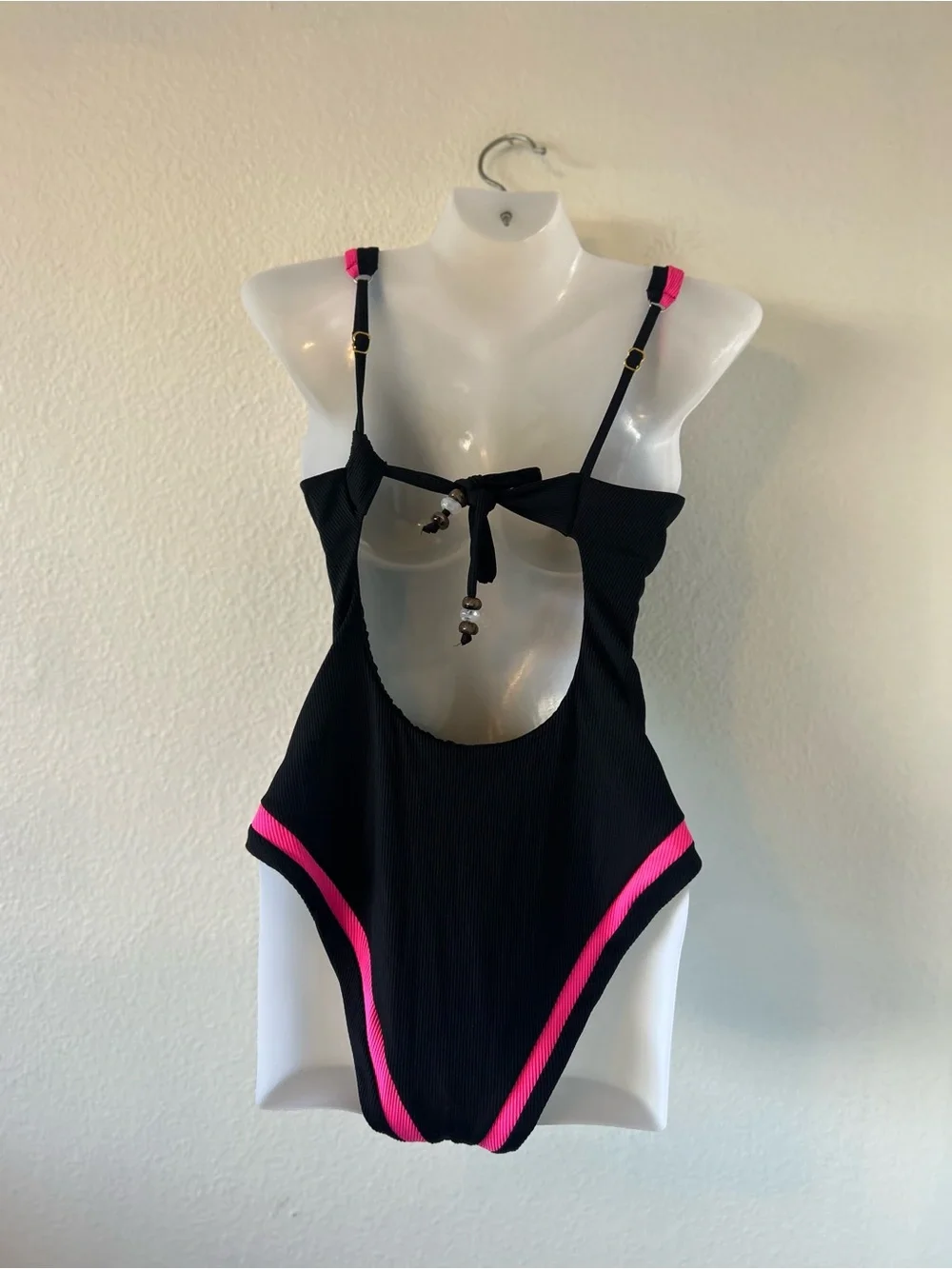 Becca Rib Color Block Black One-Piece Swimsuit with Hot Pink Trim Size S